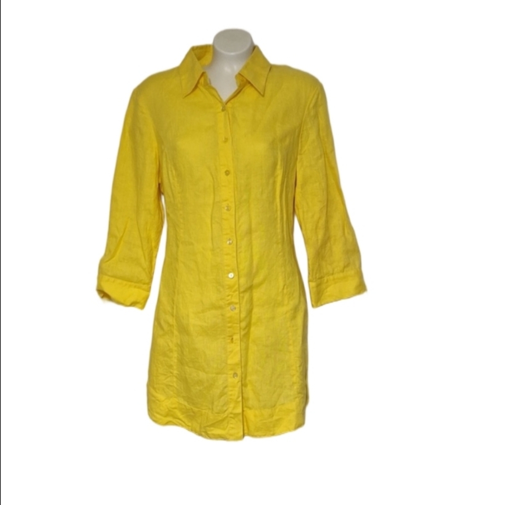 Neiman Marcus Sunny Yellow Button-Down Dress 100% Linen